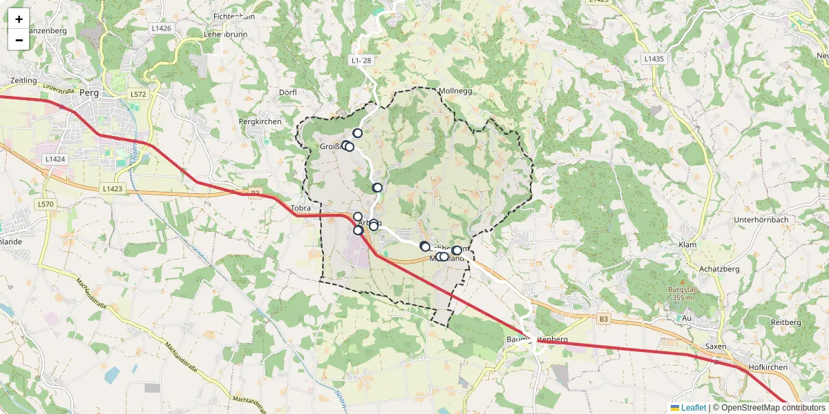 Nahverkehrsnetz in arbing, Österreich - Buslinien, Haltestellen und Verbindungen auf der Karte