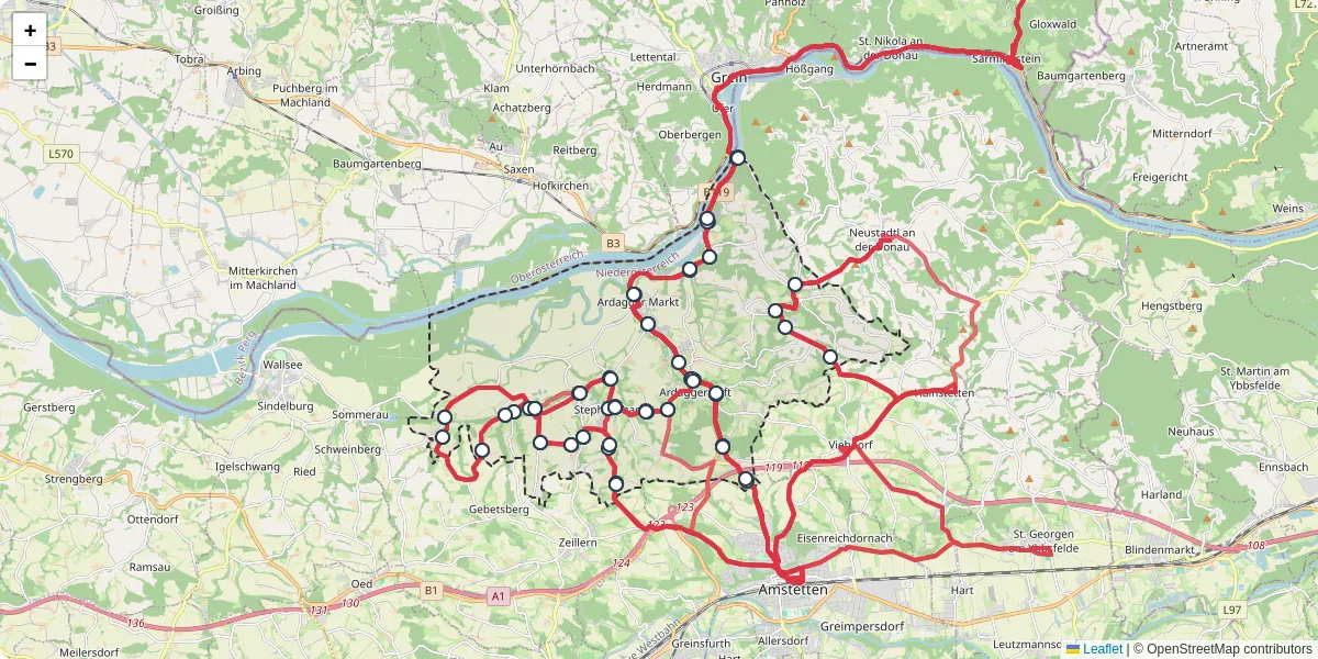 Nahverkehrsnetz in ardagger, Österreich - Buslinien, Haltestellen und Verbindungen auf der Karte