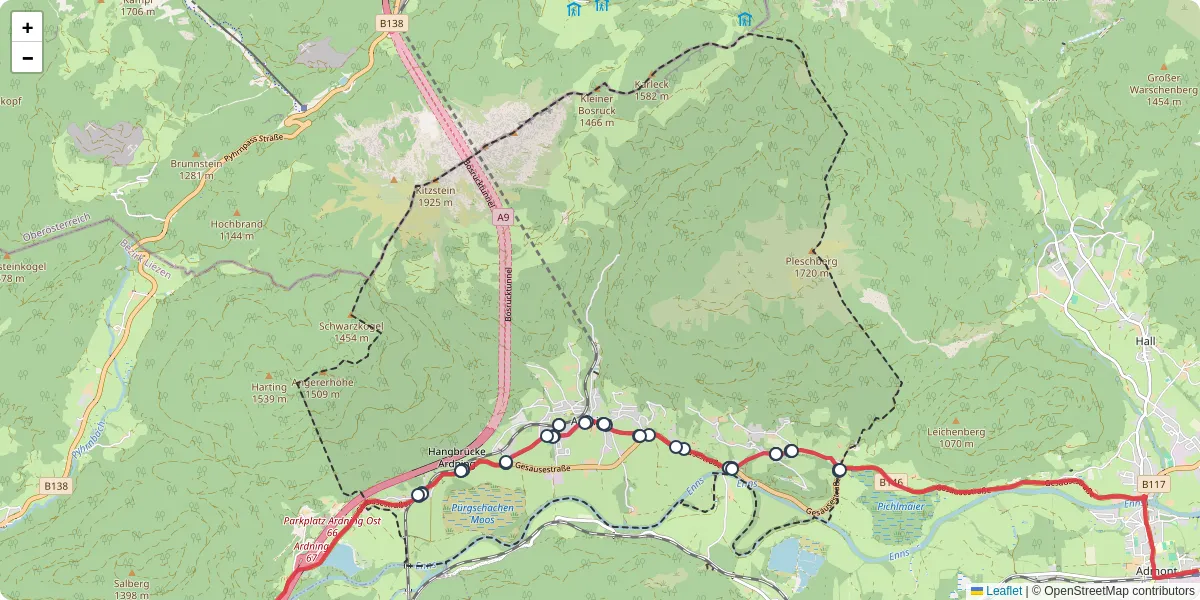 Nahverkehrsnetz in ardning, Österreich - Buslinien, Haltestellen und Verbindungen auf der Karte