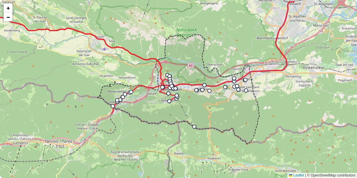 Nahverkehrsnetz in arnoldstein, Österreich - Buslinien, Haltestellen und Verbindungen auf der Karte