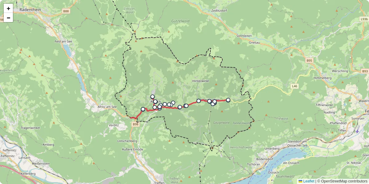 Nahverkehrsnetz in arriach, Österreich - Buslinien, Haltestellen und Verbindungen auf der Karte