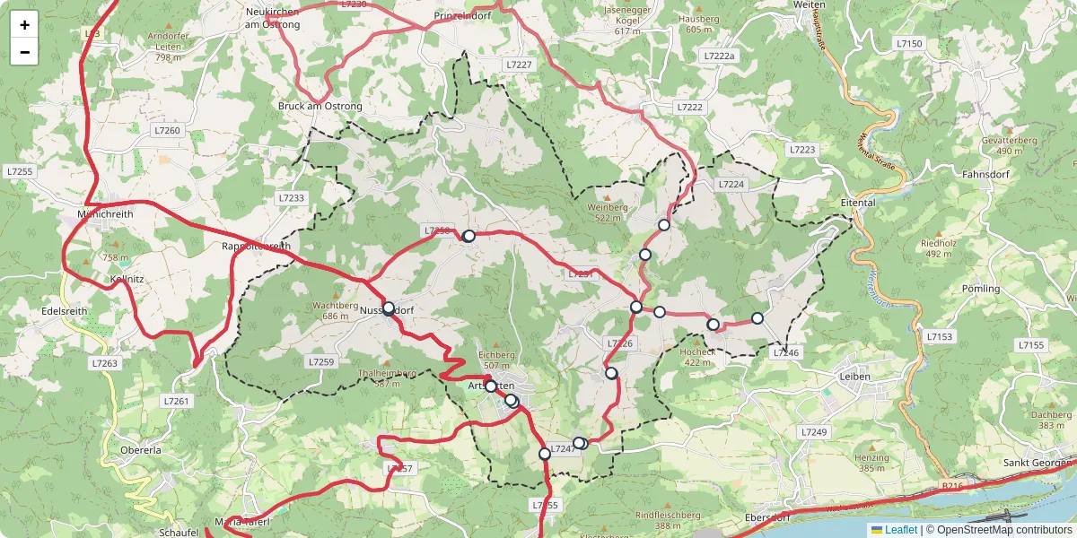 Nahverkehrsnetz in artstetten-pobring, Österreich - Buslinien, Haltestellen und Verbindungen auf der Karte