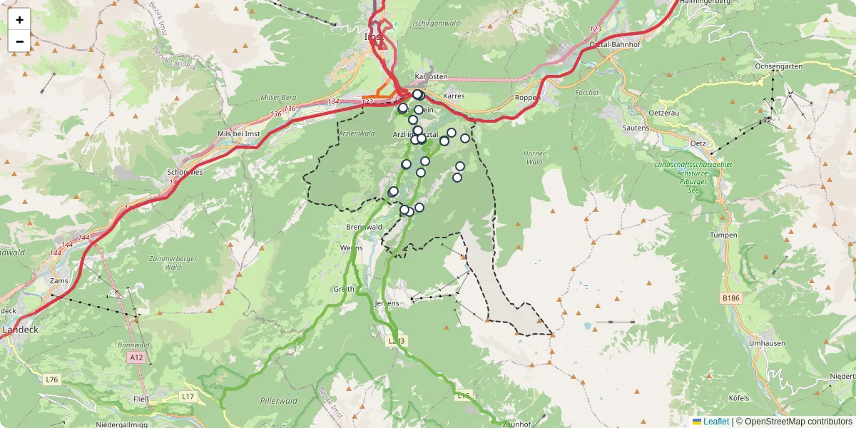 Nahverkehrsnetz in arzl-im-pitztal, Österreich - Buslinien, Haltestellen und Verbindungen auf der Karte