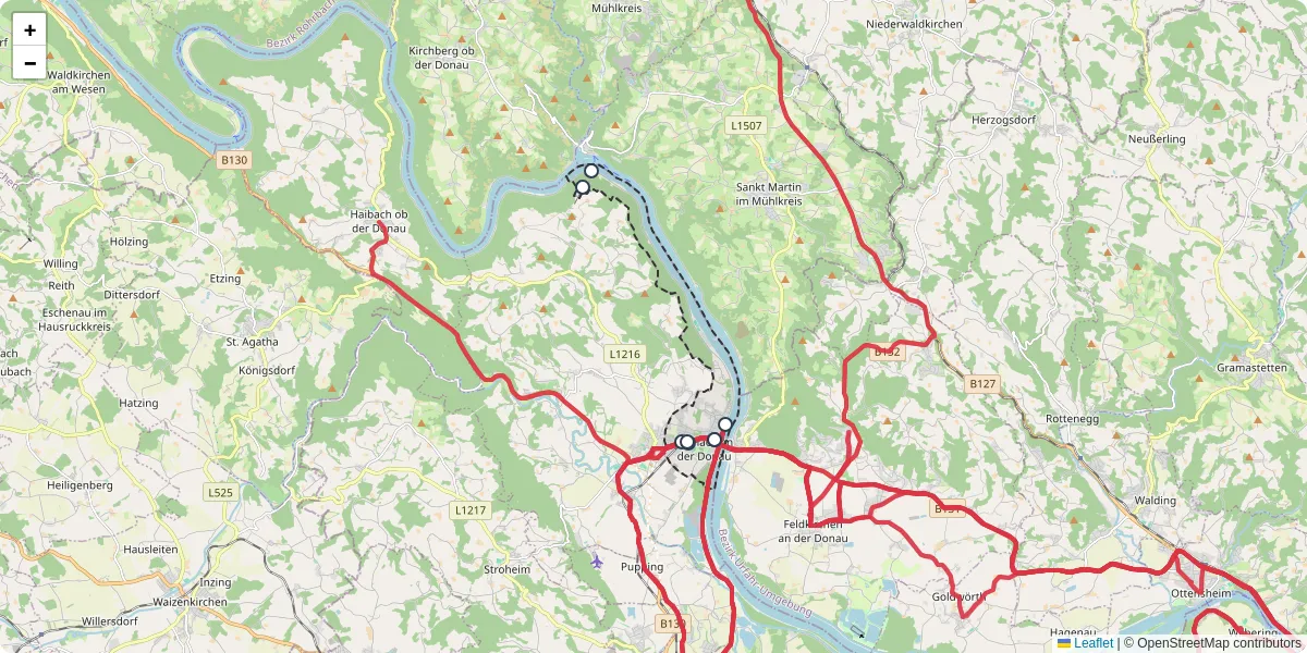 Nahverkehrsnetz in aschach-an-der-donau, Österreich - Buslinien, Haltestellen und Verbindungen auf der Karte