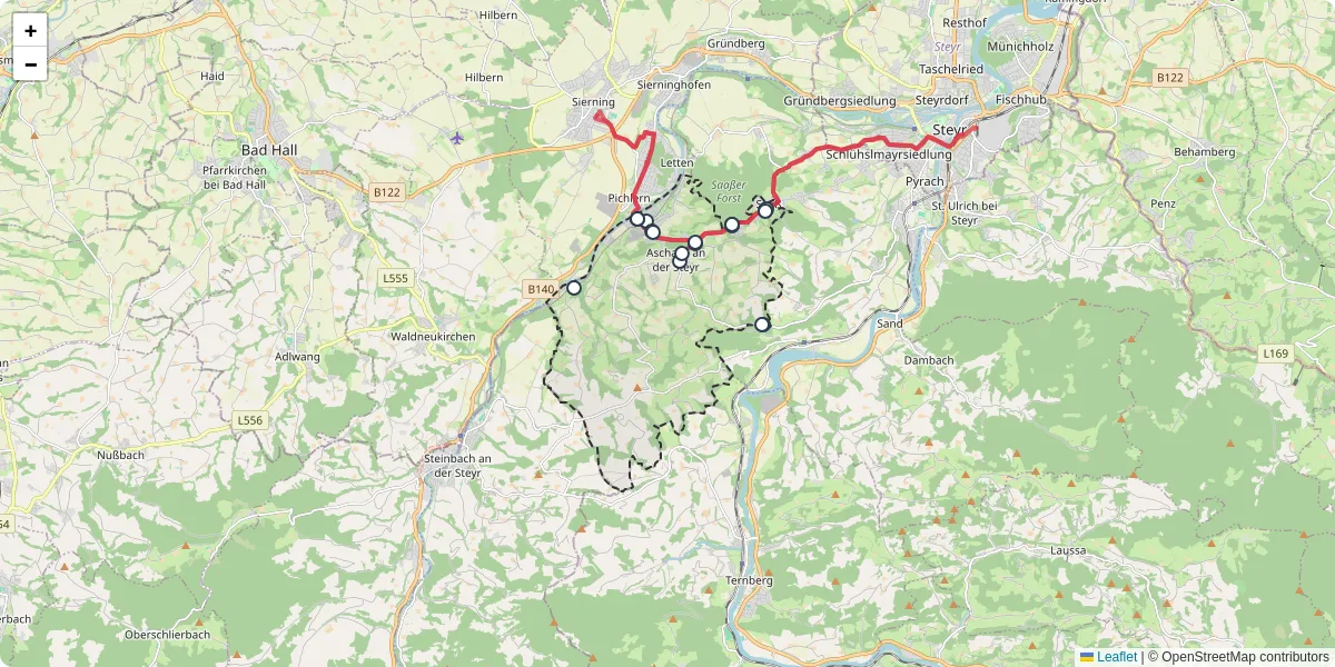 Nahverkehrsnetz in aschach-an-der-steyr, Österreich - Buslinien, Haltestellen und Verbindungen auf der Karte