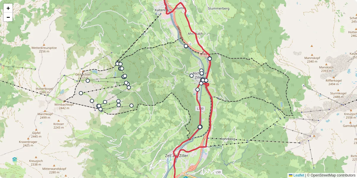Nahverkehrsnetz in aschau-im-zillertal, Österreich - Buslinien, Haltestellen und Verbindungen auf der Karte
