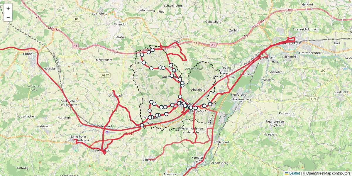 Nahverkehrsnetz in aschbach-markt, Österreich - Buslinien, Haltestellen und Verbindungen auf der Karte