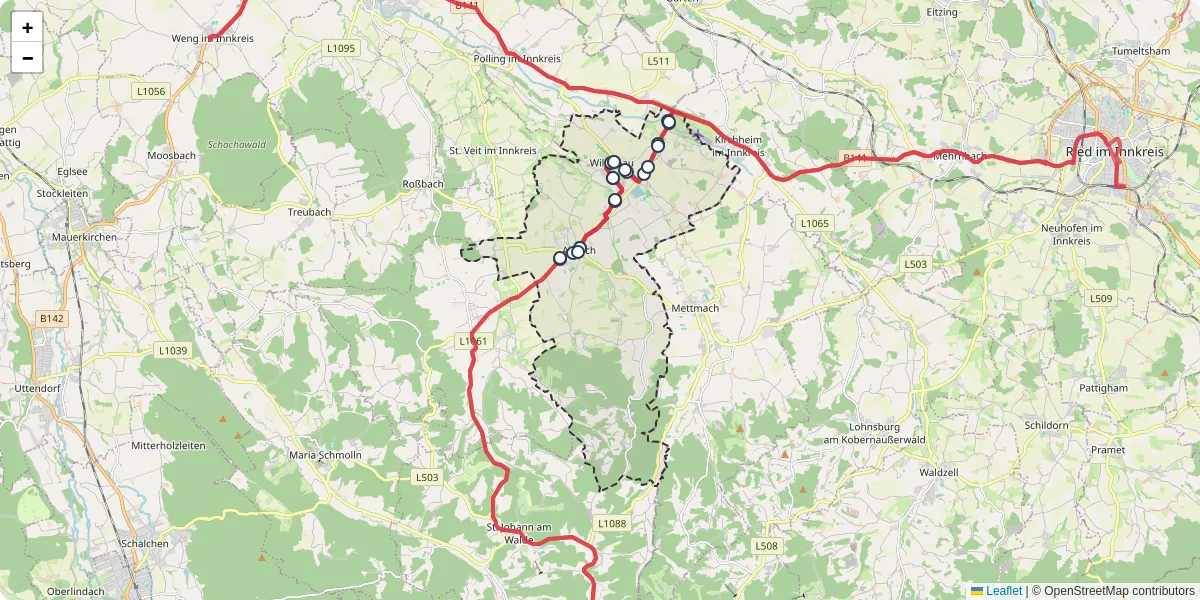 Nahverkehrsnetz in aspach, Österreich - Buslinien, Haltestellen und Verbindungen auf der Karte