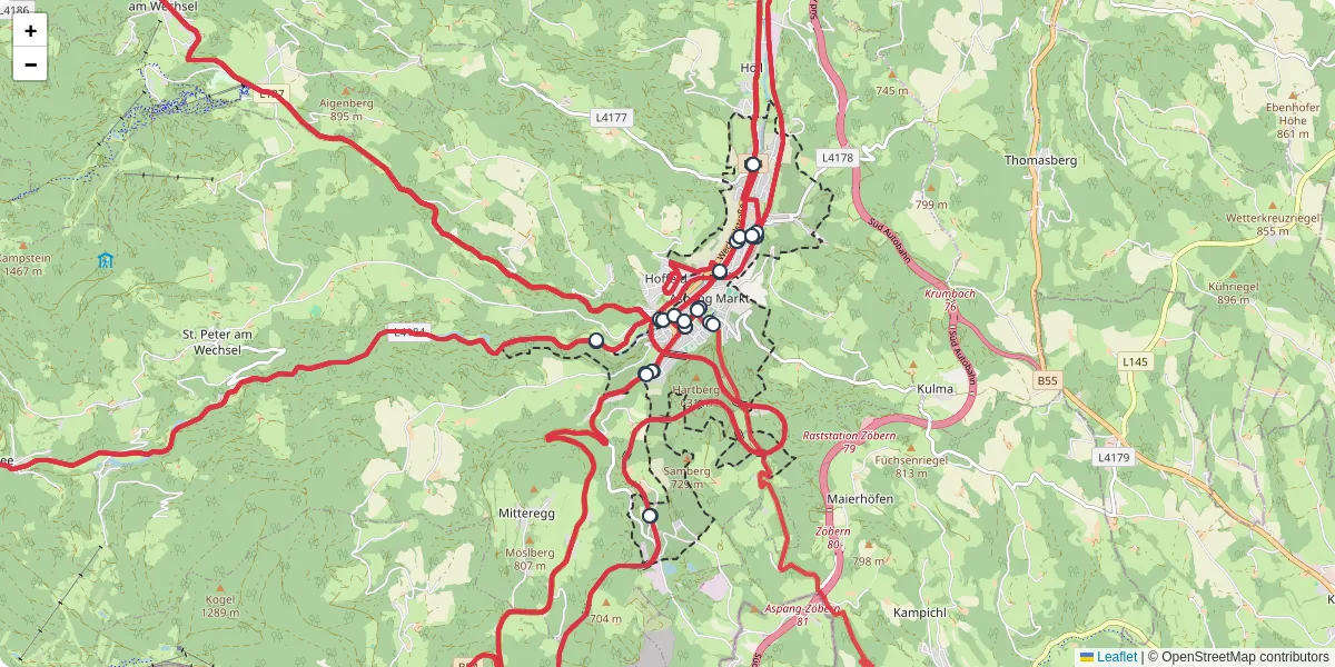 Nahverkehrsnetz in aspang-markt, Österreich - Buslinien, Haltestellen und Verbindungen auf der Karte