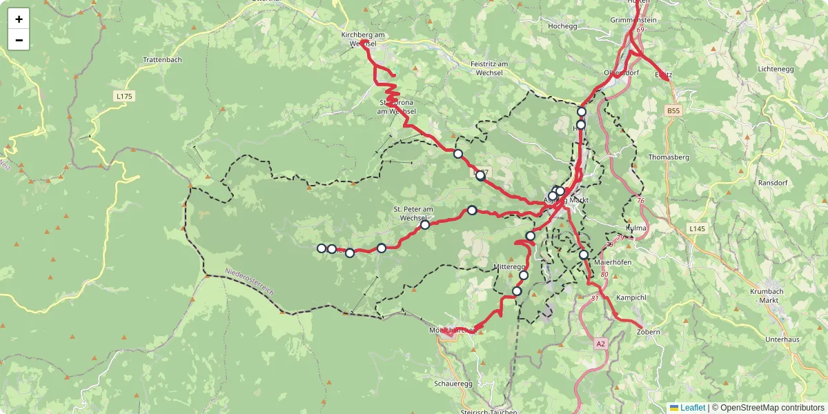 Nahverkehrsnetz in aspangberg-st-peter, Österreich - Buslinien, Haltestellen und Verbindungen auf der Karte