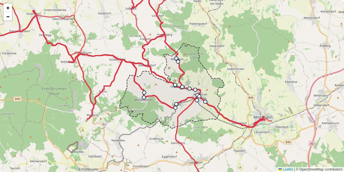Nahverkehrsnetz in asparn-an-der-zaya, Österreich - Buslinien, Haltestellen und Verbindungen auf der Karte