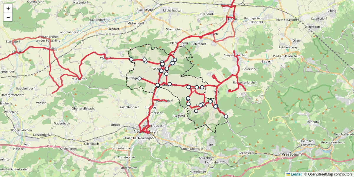 Nahverkehrsnetz in asperhofen, Österreich - Buslinien, Haltestellen und Verbindungen auf der Karte