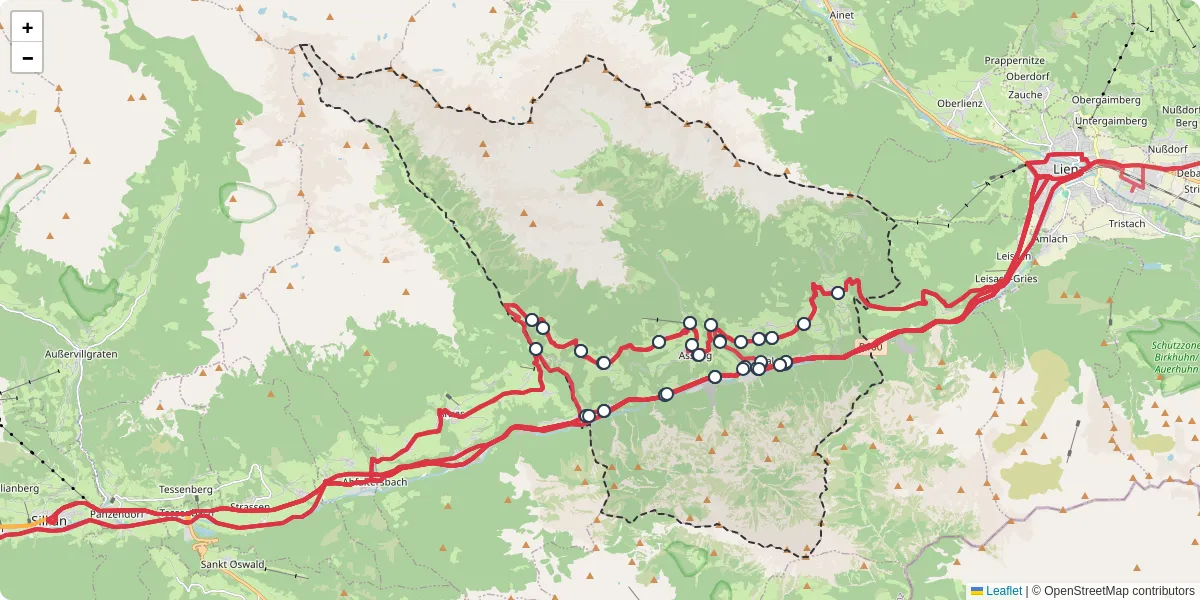 Nahverkehrsnetz in assling, Österreich - Buslinien, Haltestellen und Verbindungen auf der Karte