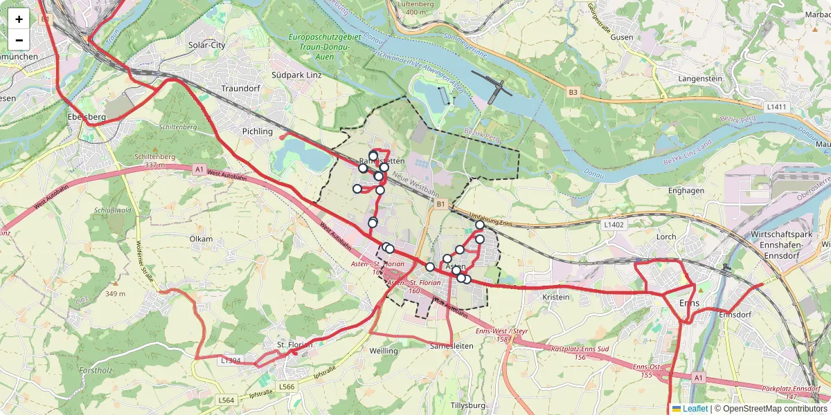 Nahverkehrsnetz in asten, Österreich - Buslinien, Haltestellen und Verbindungen auf der Karte