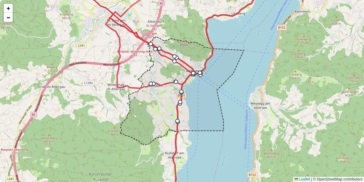 Nahverkehrsnetz in attersee-am-attersee, Österreich - Buslinien, Haltestellen und Verbindungen auf der Karte