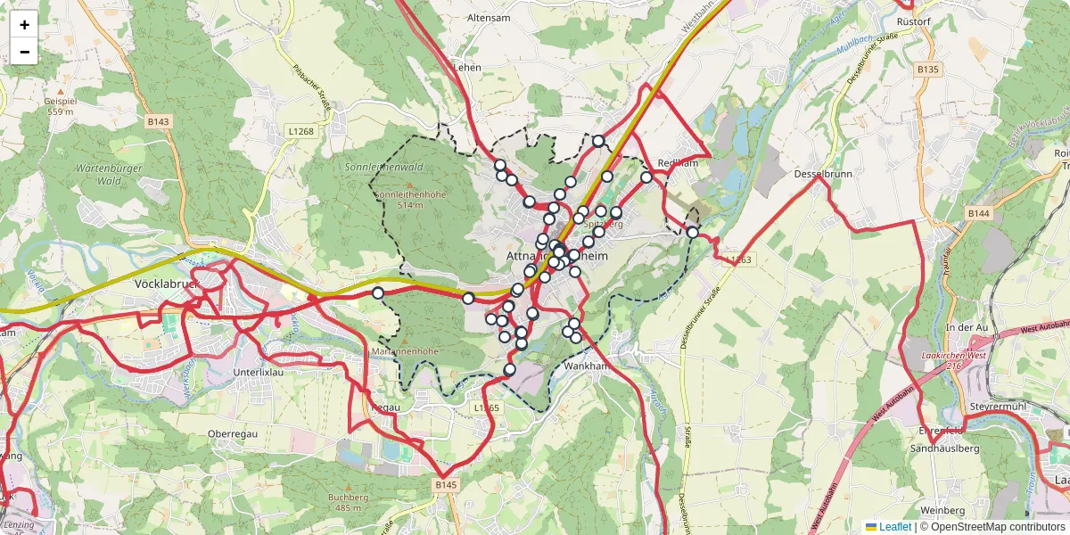 Nahverkehrsnetz in attnang-puchheim, Österreich - Buslinien, Haltestellen und Verbindungen auf der Karte