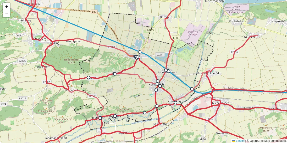 Nahverkehrsnetz in atzenbrugg, Österreich - Buslinien, Haltestellen und Verbindungen auf der Karte