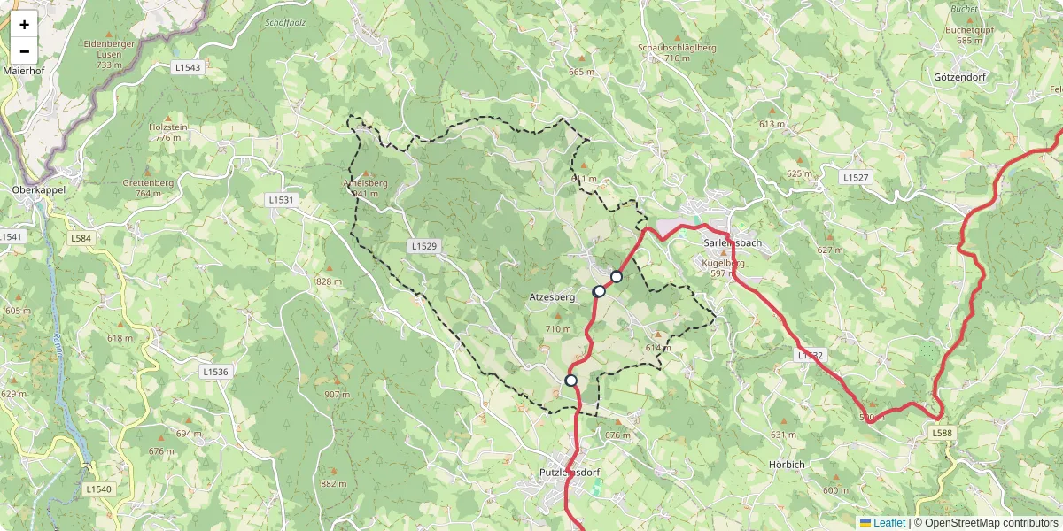 Nahverkehrsnetz in atzesberg, Österreich - Buslinien, Haltestellen und Verbindungen auf der Karte