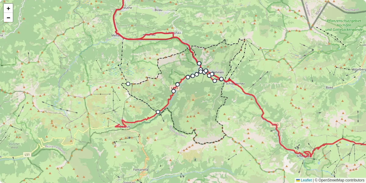 Nahverkehrsnetz in au, Österreich - Buslinien, Haltestellen und Verbindungen auf der Karte