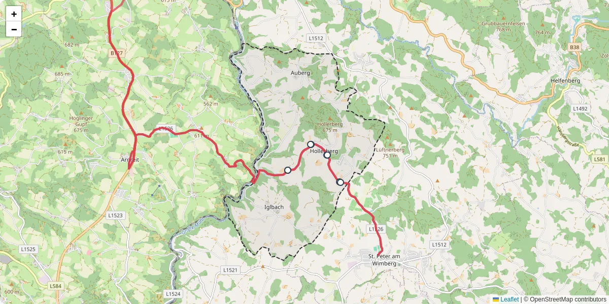 Nahverkehrsnetz in auberg, Österreich - Buslinien, Haltestellen und Verbindungen auf der Karte