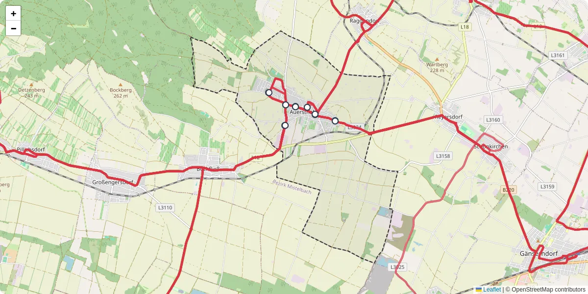 Nahverkehrsnetz in auersthal, Österreich - Buslinien, Haltestellen und Verbindungen auf der Karte