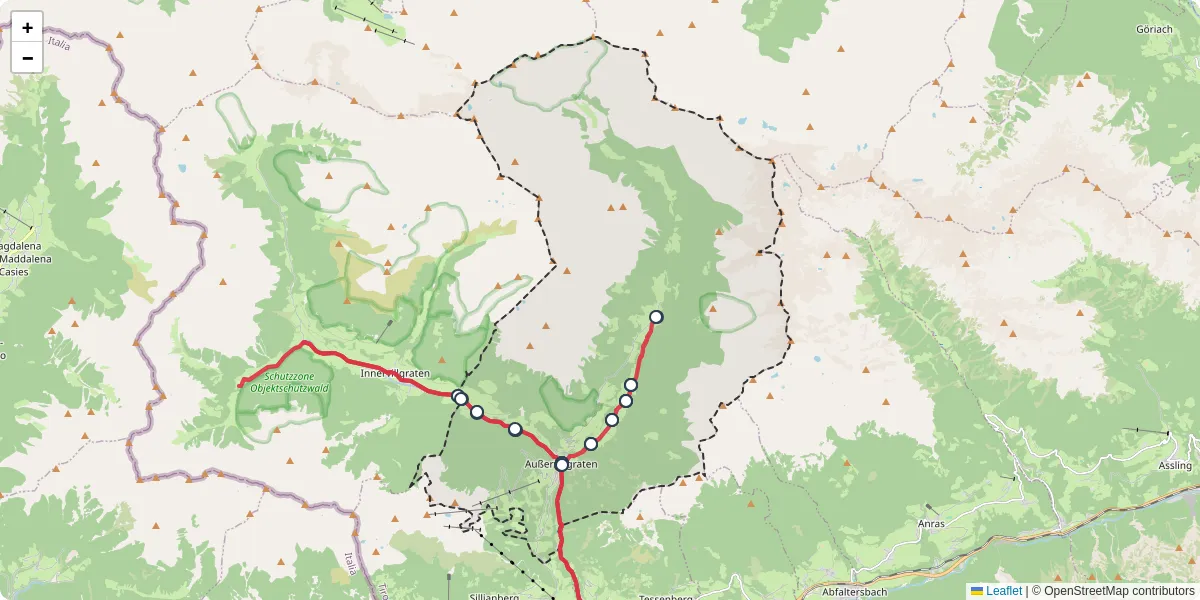 Nahverkehrsnetz in auervillgraten, Österreich - Buslinien, Haltestellen und Verbindungen auf der Karte