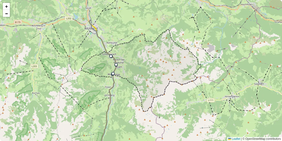 Nahverkehrsnetz in aurach-bei-kitzbuhel, Österreich - Buslinien, Haltestellen und Verbindungen auf der Karte