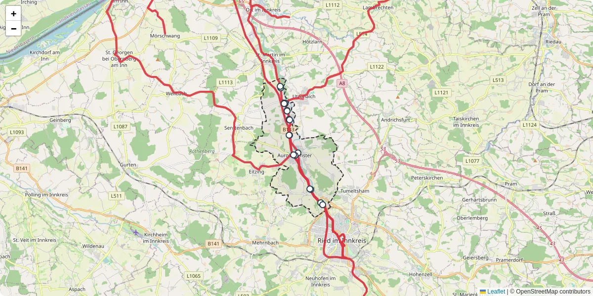Nahverkehrsnetz in aurolzmunster, Österreich - Buslinien, Haltestellen und Verbindungen auf der Karte