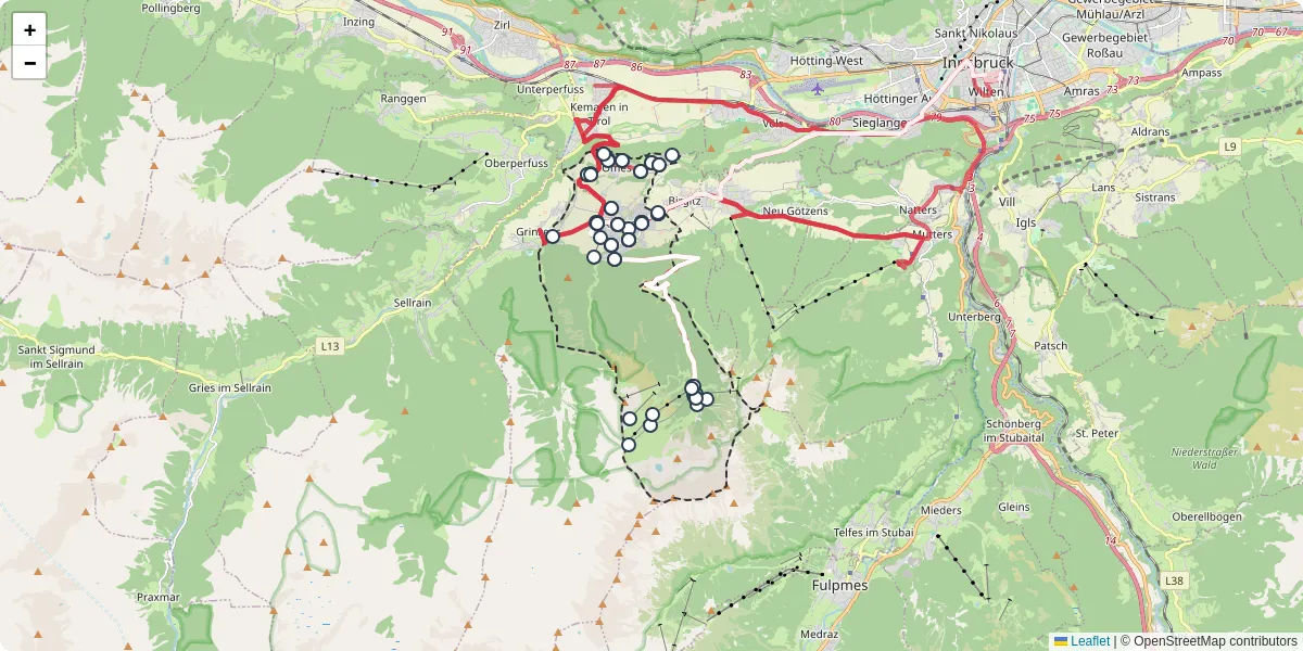 Nahverkehrsnetz in axams, Österreich - Buslinien, Haltestellen und Verbindungen auf der Karte