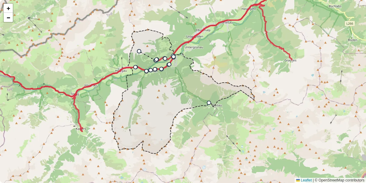 Nahverkehrsnetz in bach, Österreich - Buslinien, Haltestellen und Verbindungen auf der Karte
