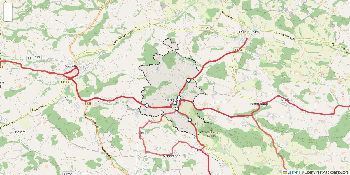 Nahverkehrsnetz in bachmanning, Österreich - Buslinien, Haltestellen und Verbindungen auf der Karte