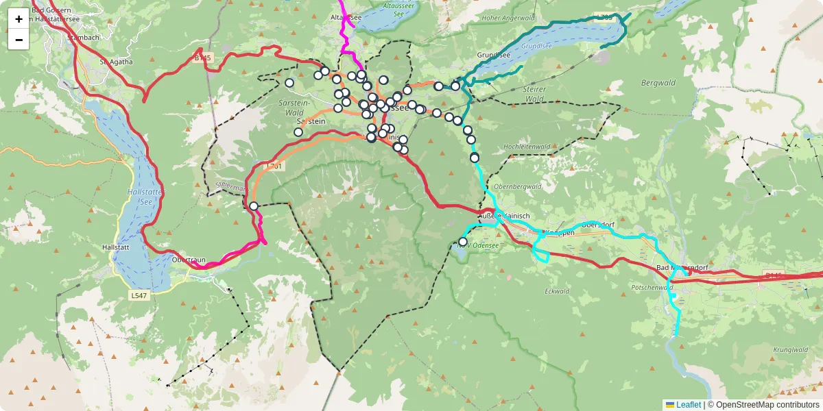 Nahverkehrsnetz in bad-aussee, Österreich - Buslinien, Haltestellen und Verbindungen auf der Karte