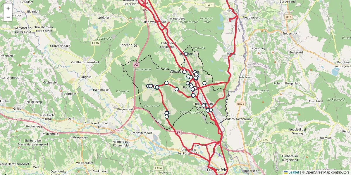 Nahverkehrsnetz in bad-blumau, Österreich - Buslinien, Haltestellen und Verbindungen auf der Karte
