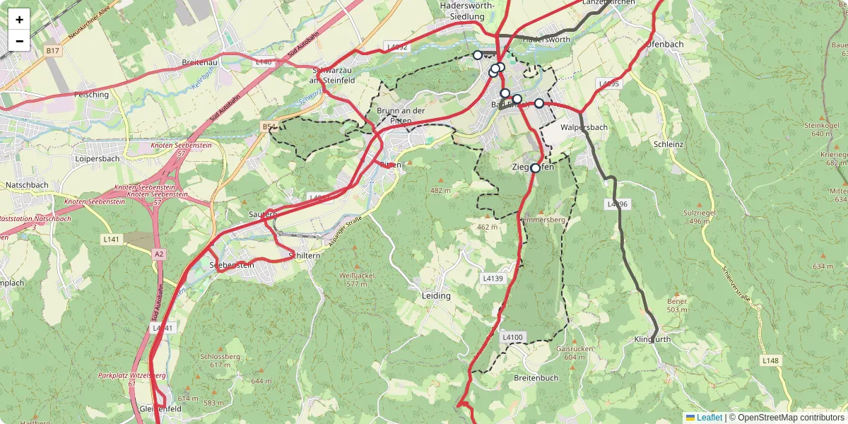 Nahverkehrsnetz in bad-erlach, Österreich - Buslinien, Haltestellen und Verbindungen auf der Karte