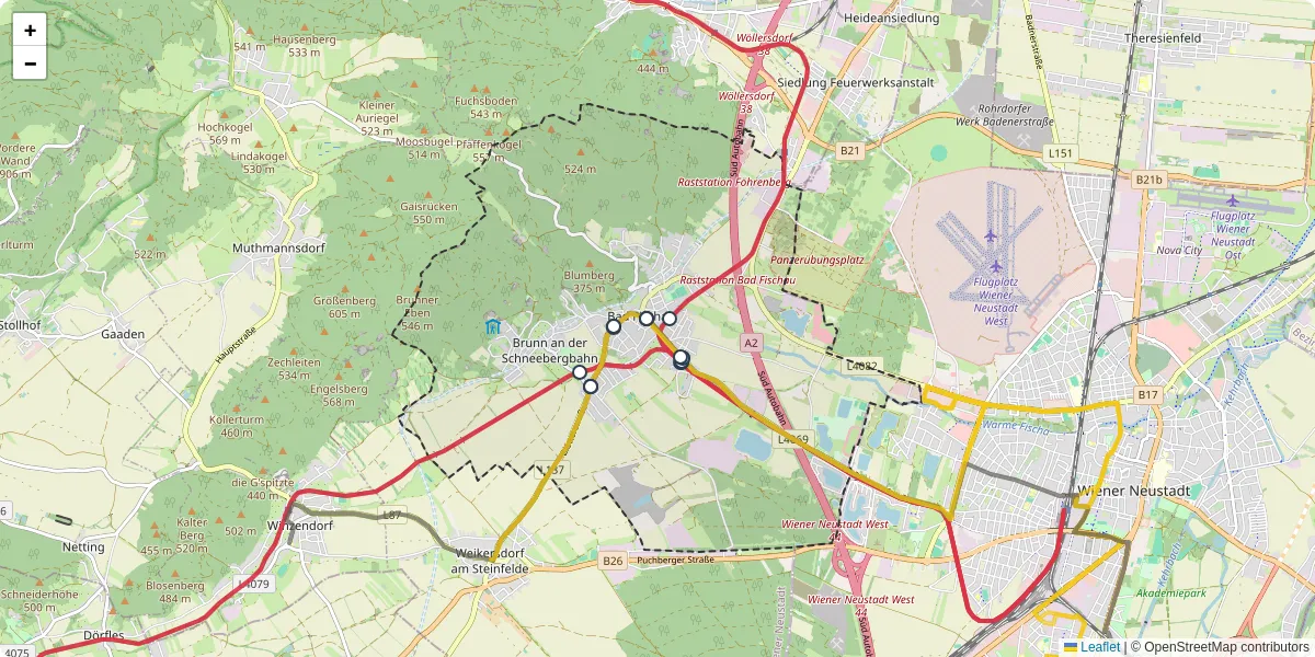 Nahverkehrsnetz in bad-fischau-brunn, Österreich - Buslinien, Haltestellen und Verbindungen auf der Karte