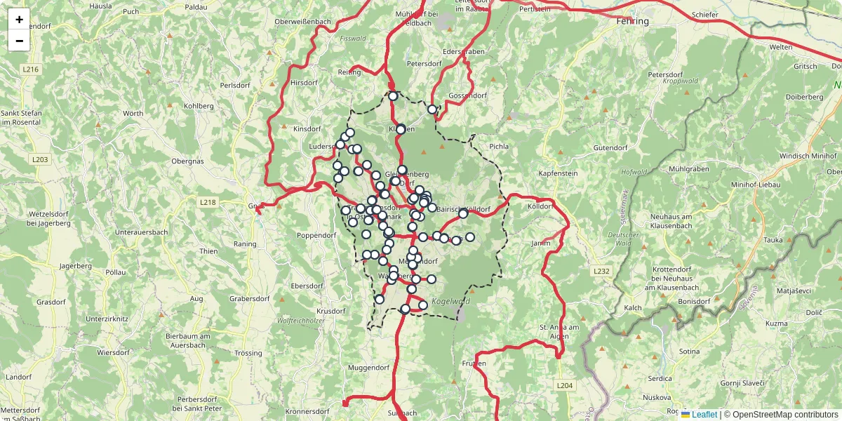 Nahverkehrsnetz in bad-gleichenberg, Österreich - Buslinien, Haltestellen und Verbindungen auf der Karte