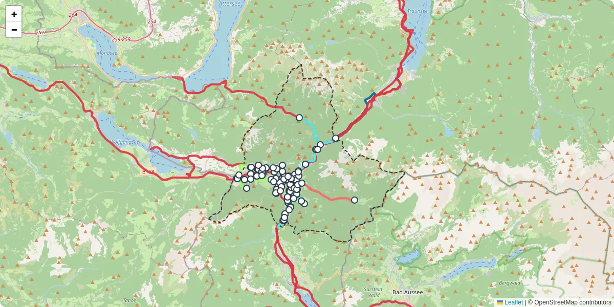 Nahverkehrsnetz in bad-ischl, Österreich - Buslinien, Haltestellen und Verbindungen auf der Karte