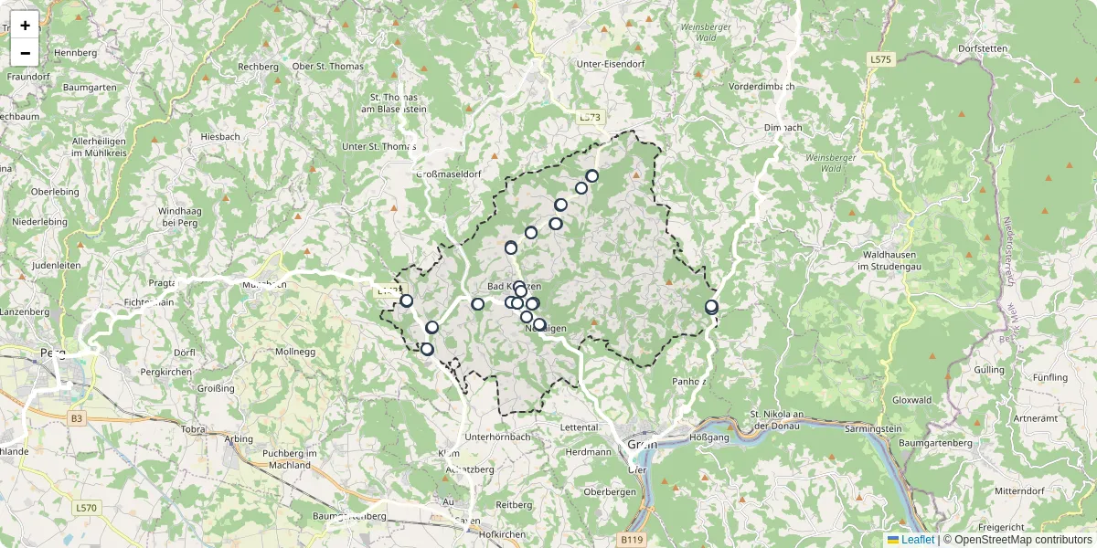 Nahverkehrsnetz in bad-kreuzen, Österreich - Buslinien, Haltestellen und Verbindungen auf der Karte