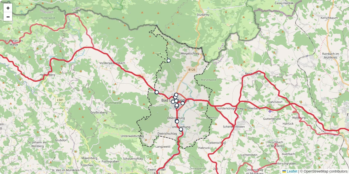 Nahverkehrsnetz in bad-leonfelden, Österreich - Buslinien, Haltestellen und Verbindungen auf der Karte