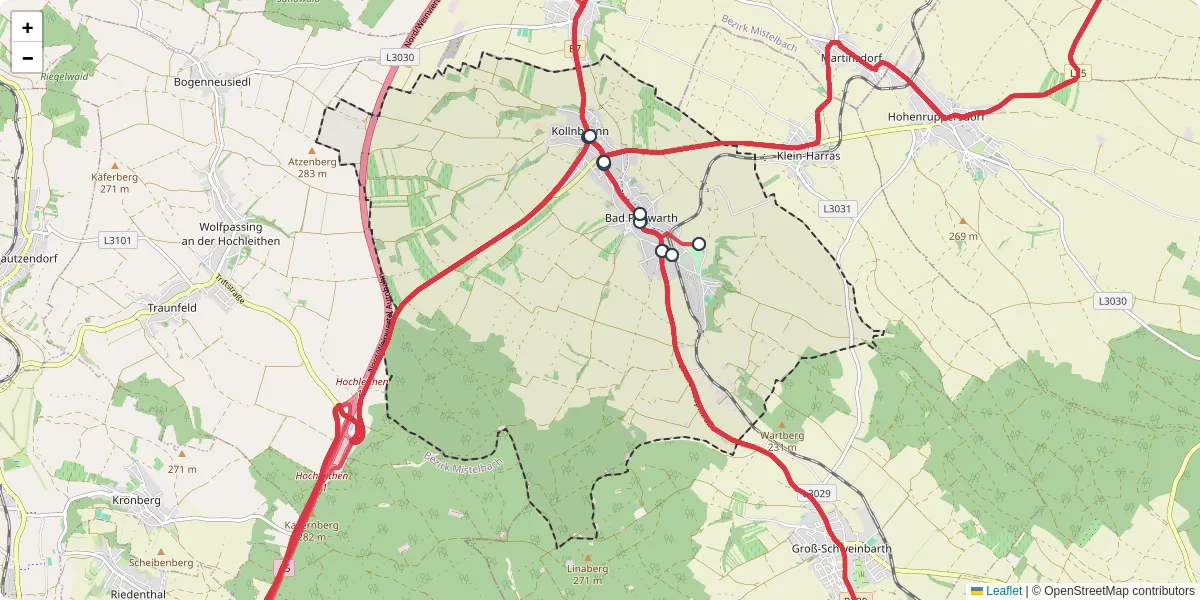 Nahverkehrsnetz in bad-pirawarth, Österreich - Buslinien, Haltestellen und Verbindungen auf der Karte