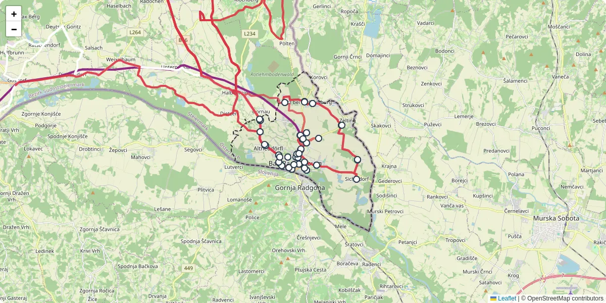 Nahverkehrsnetz in bad-radkersburg, Österreich - Buslinien, Haltestellen und Verbindungen auf der Karte