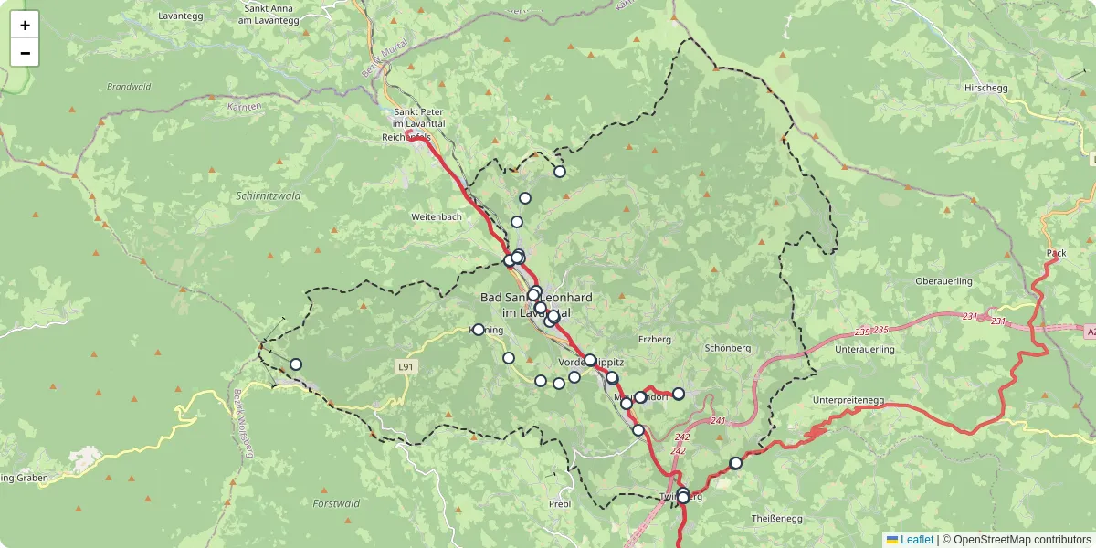 Nahverkehrsnetz in bad-sankt-leonhard-im-lavanttal, Österreich - Buslinien, Haltestellen und Verbindungen auf der Karte