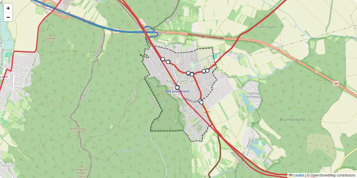 Nahverkehrsnetz in bad-sauerbrunn, Österreich - Buslinien, Haltestellen und Verbindungen auf der Karte