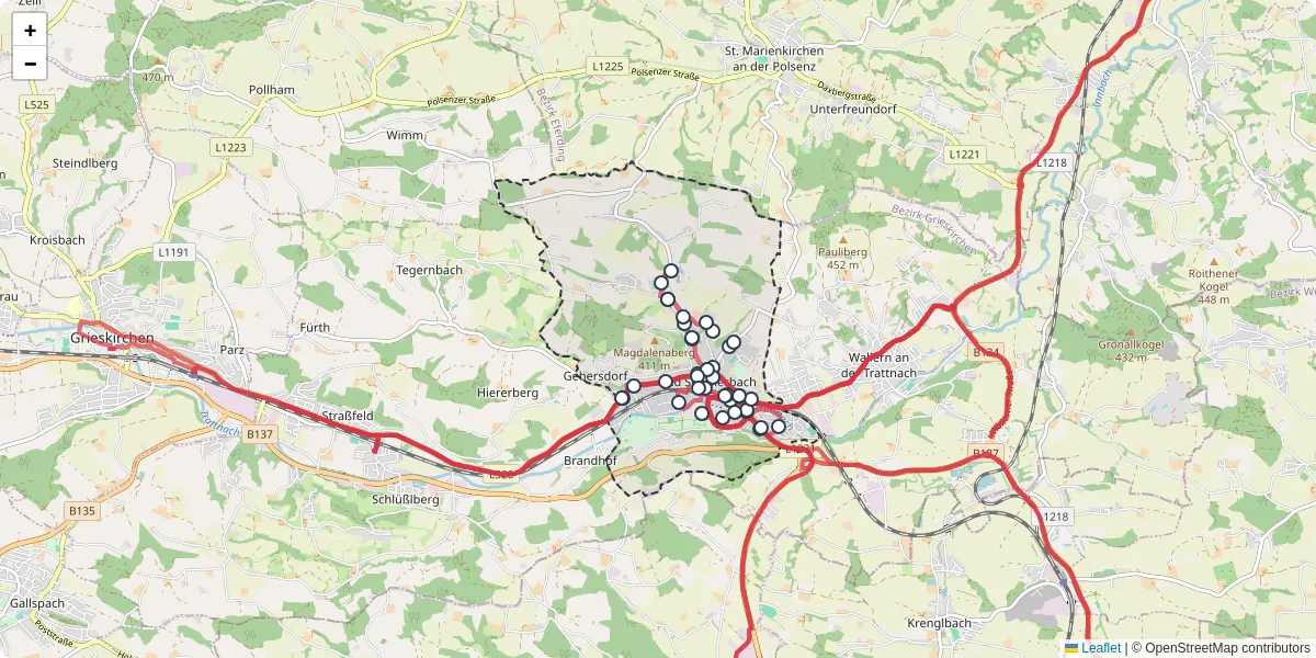 Nahverkehrsnetz in bad-schallerbach, Österreich - Buslinien, Haltestellen und Verbindungen auf der Karte