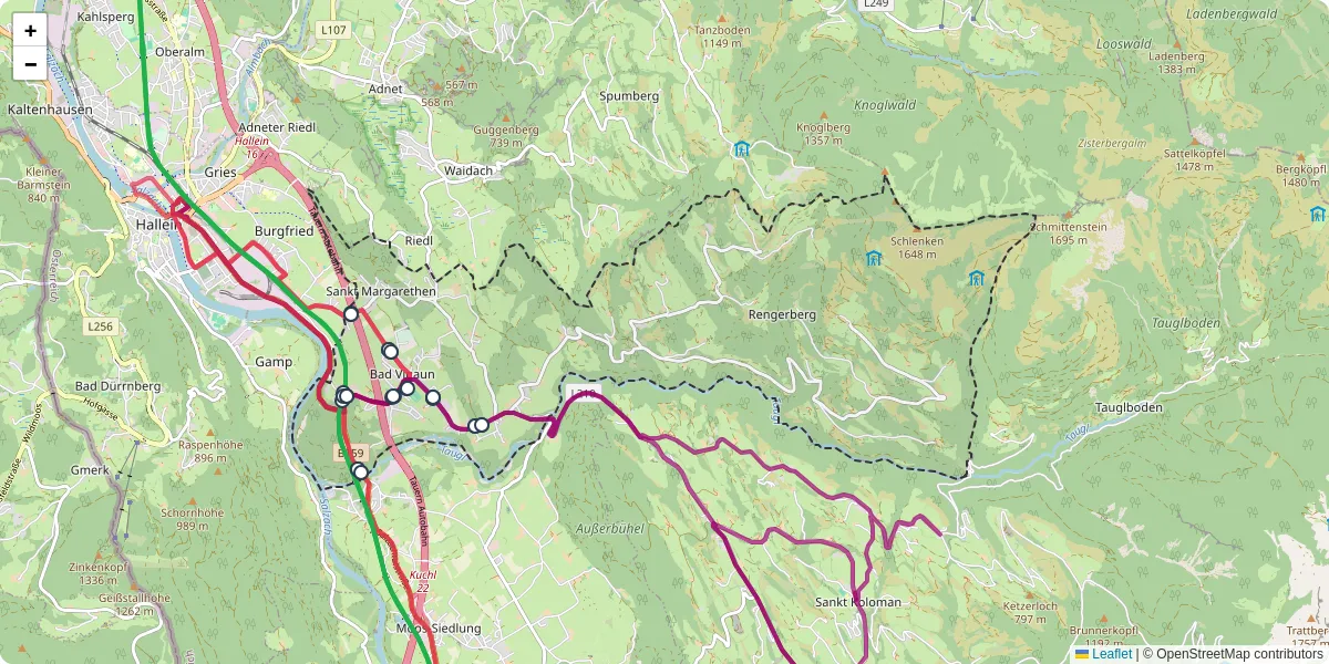 Nahverkehrsnetz in bad-vigaun, Österreich - Buslinien, Haltestellen und Verbindungen auf der Karte