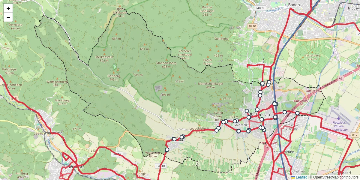 Nahverkehrsnetz in bad-voslau, Österreich - Buslinien, Haltestellen und Verbindungen auf der Karte