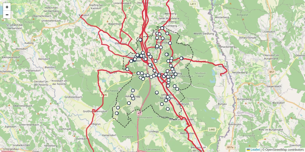 Nahverkehrsnetz in bad-waltersdorf, Österreich - Buslinien, Haltestellen und Verbindungen auf der Karte
