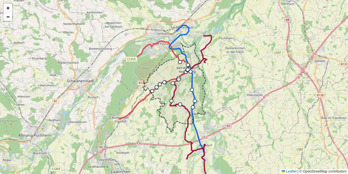 Nahverkehrsnetz in bad-wimsbach-neydharting, Österreich - Buslinien, Haltestellen und Verbindungen auf der Karte