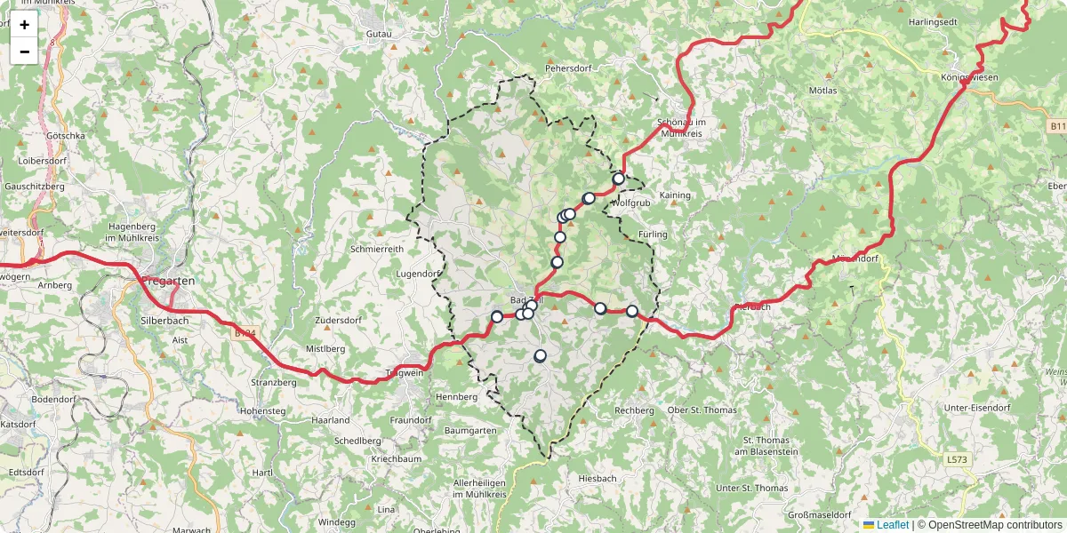 Nahverkehrsnetz in bad-zell, Österreich - Buslinien, Haltestellen und Verbindungen auf der Karte