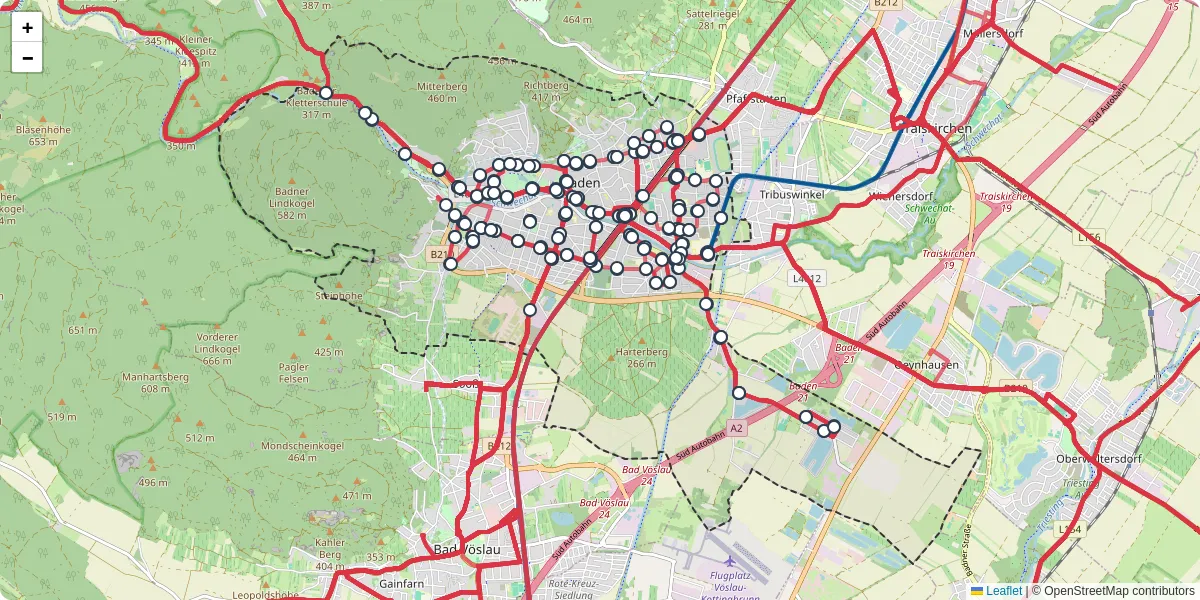 Nahverkehrsnetz in baden, Österreich - Buslinien, Haltestellen und Verbindungen auf der Karte
